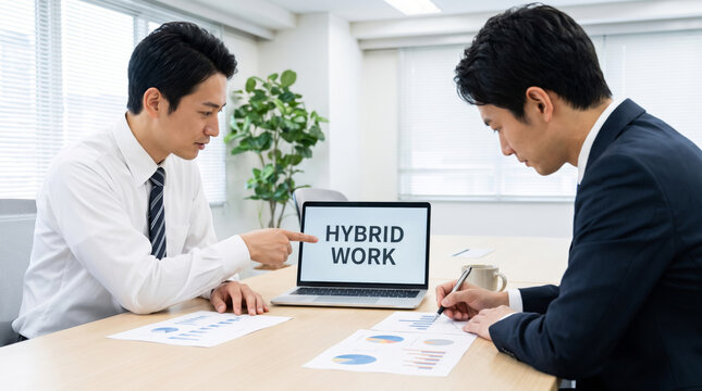 Hybrid work working business meeting office laptop coworker document Hybrid work working. remote flexible freelance work. online home office workplace, employee job management, communication form