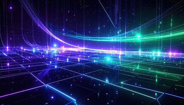 Digital visualization featuring a glowing grid and dynamic lines of light in cool blue, green, and purple hues