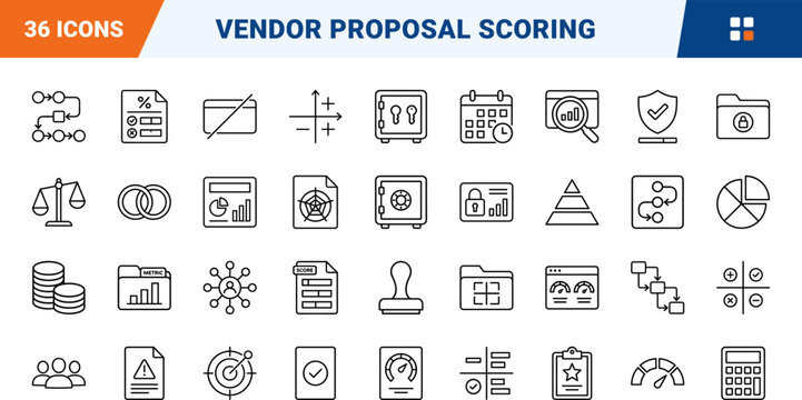Bid Evaluation Matrix line icon set. Vector pictograms of procurement, proposal, contract, and compliance elements, thin linear illustration.