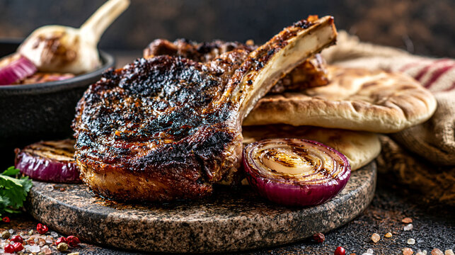 Grilled lamb chop on a stone board with red onion and flatbread barbecue meat dish