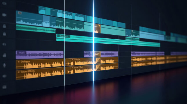 Stylized 3D rendering of a futuristic video editing timeline interface with glowing playhead and colorful multimedia tracks