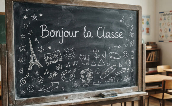 Bonjour la classe Tableau noir avec ecriture et dessins pour ecole de francais et education