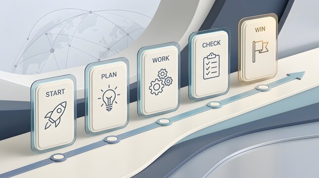Business process workflow diagram with start plan work check win stages