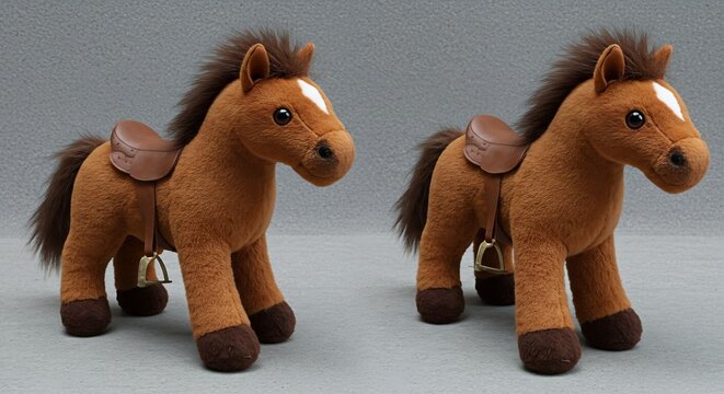 Plush Horse Companions: Two adorable brown plush horses, complete with saddles and bridles, stand ready for imaginative play, bringing comfort and joy to children.