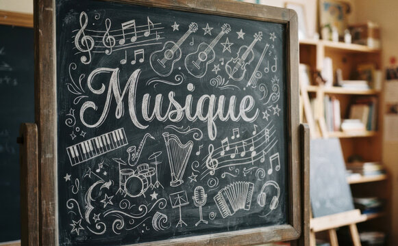 Musique dessin sur tableau noir, education musicale et illustration scolaire pour ecole
