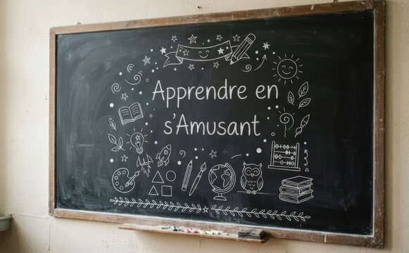 Apprendre en s'Amusant - Education and learning concept on a chalkboard with school supplies and doodles
