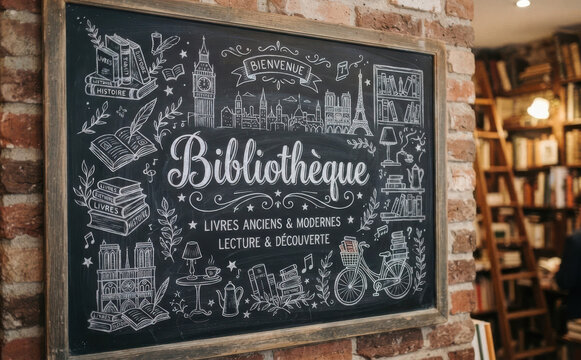 Biblioth&egrave;que tableau noir avec dessin &agrave; la craie librairie ancienne et moderne