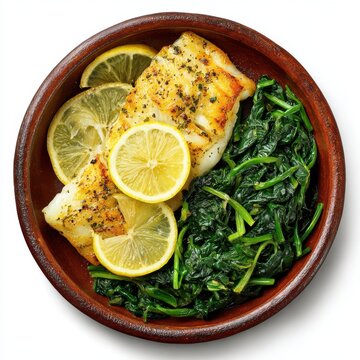 baked cod fillet lemon wedges and saut&eacute;ed isolated on a white background