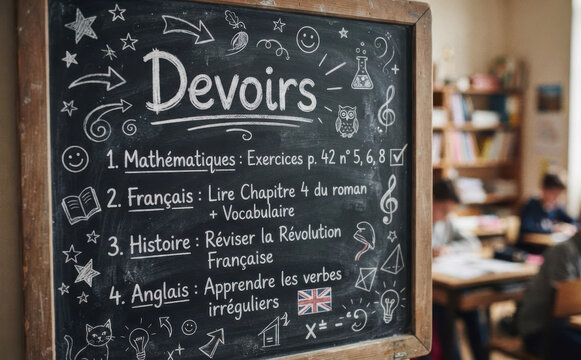 Devoirs sur tableau noir de ecole elementaire avec liste de cours et exercices de grammaire et mathematiques pour education et apprentissage