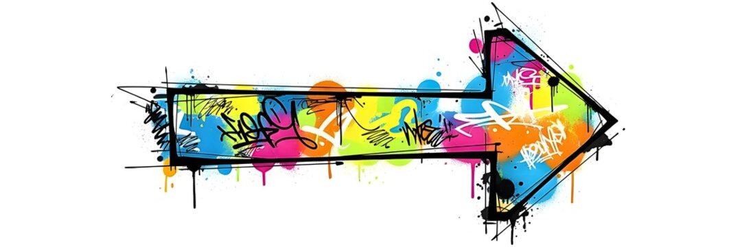 Horizontal graffiti art arrow illustration with colorful paint splatters, ink drips, and street art style on white background
