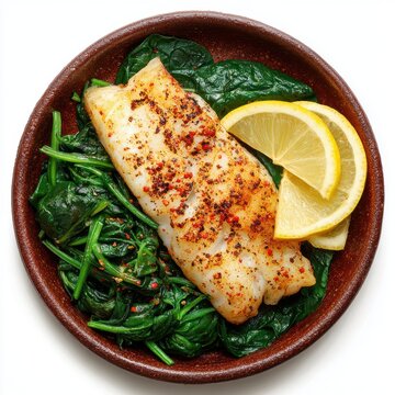 Seafood menu with baked cod fillet lemon wedges and saut&eacute;ed isolated on a white background