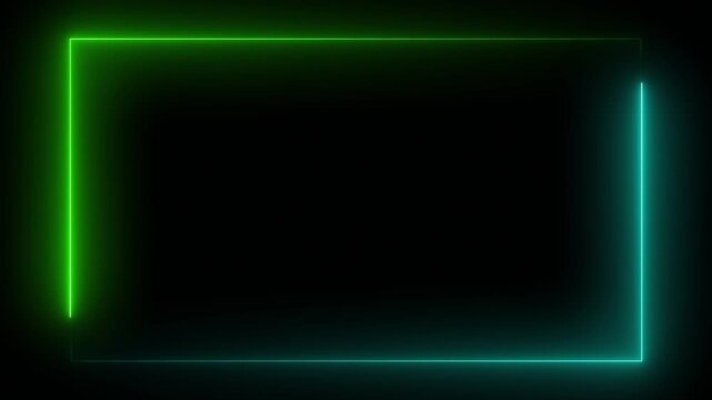 Seamless loop neon rectangle frame animation with glowing green and cyan lights abstract futuristic border motion graphic on black background 4K video