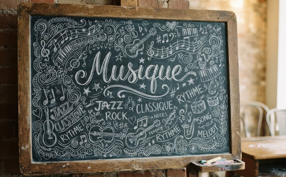 Musique - Tableau noir avec des dessins de notes et d instruments pour l education musicale