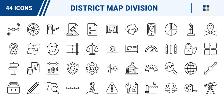 District Boundary Line line icon set. Vector pictograms of border, map, territory, and zone elements, thin linear illustration.