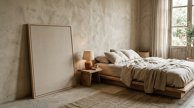 Minimalist bedroom interior with a blank canvas frame leaning against a textured wall