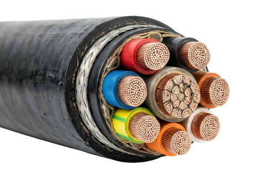 Cross section of industrial multi core electrical power cable showing wires