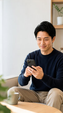 ソファでスマートフォンを見て微笑む男性、美容医療を調べる様子