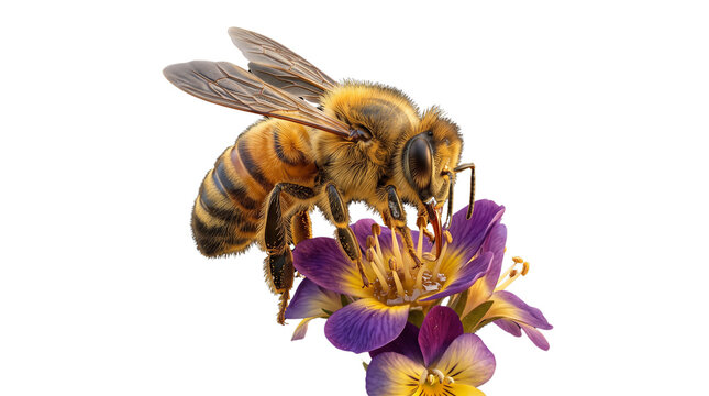 Honey bee pollinating purple flower on white background. Macro honeybee collecting nectar. Close up of bee on wildflower for nature design.