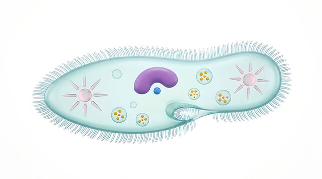 Detailed illustration of a paramecium, a single-celled protozoan, showing its internal structures and cilia.