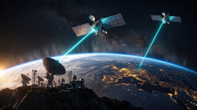 Satellite transmit data via laser beam to earth station and city for global connectivity concept