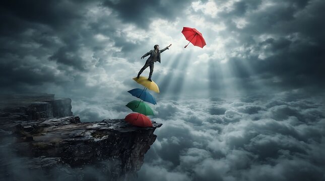 Balancing on cliff edge with colorful umbrella under dramatic sky and light rays