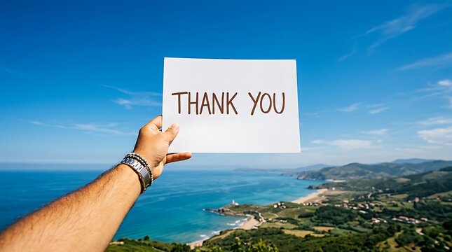 Hand holding thank you sign against scenic coastal mountain backdrop with ocean view