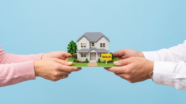 Man and woman hand hold miniature house model with sold sign for real estate sales concept