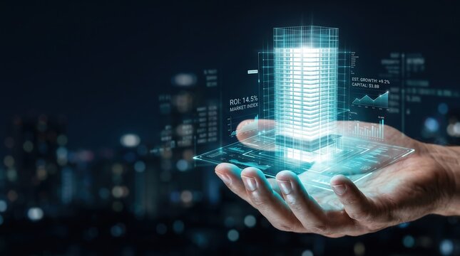 Architect hold digital skyscraper hologram with financial data for real estate investment concept