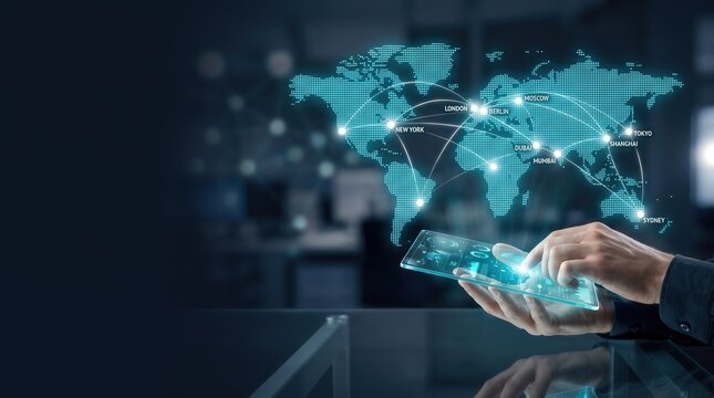 Businessman use transparent tablet manage global network world map for international communication