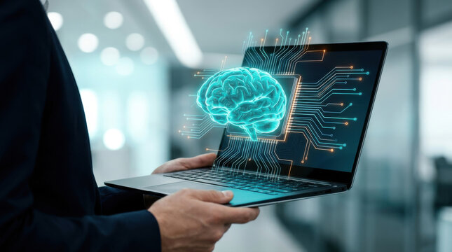 Cognitive computing shown as a glowing anatomical brain rising from a processor chip on laptop screen with orange circuit traces in bright office