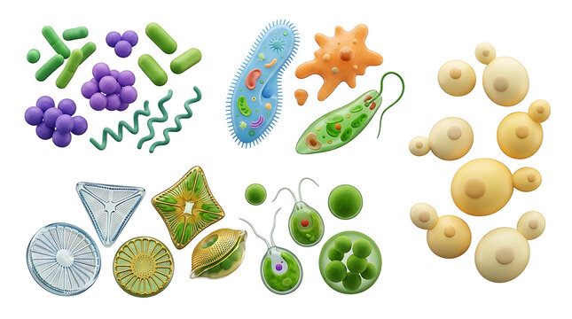 Detailed illustration of various microorganisms including bacteria, protozoa, yeast, diatoms, and green algae, showcasing their diverse forms.