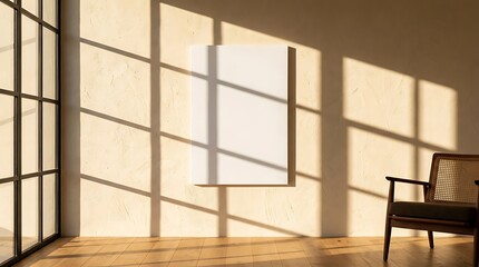 Fototapeta premium Blank white canvas frame on a beige wall with sunlight window shadows