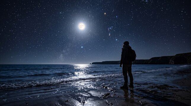 Silhouette of a man standing on a beach at night under a bright full moon and starry sky