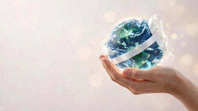 A globe with a ribbon illustrates World Blindness Awareness Month, advocating for awareness of visual impairment and eye health