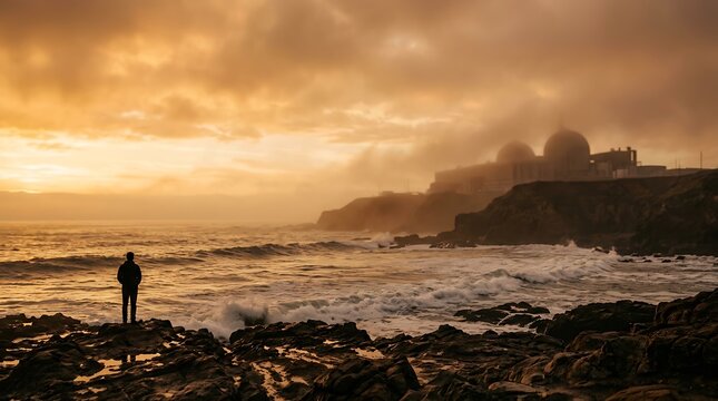 Silhouette of lone surfer waiting for waves at golden hour coastal break