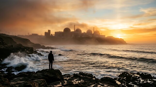 Silhouette of lone person standing on rocky shore during breathtaking sunset over city skyline.