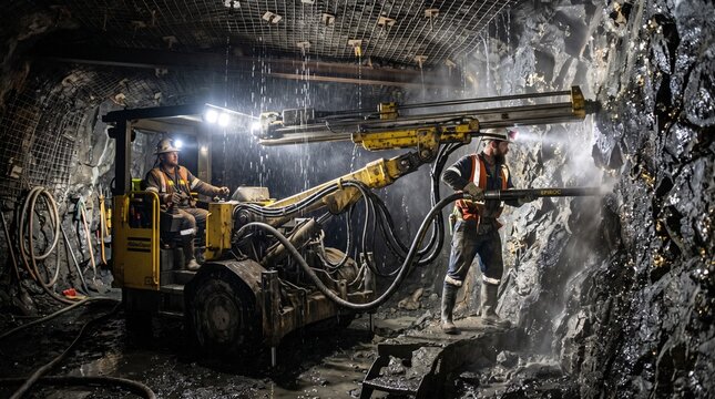 Professional miners operating heavy hydraulic drilling machinery in a deep underground mine.