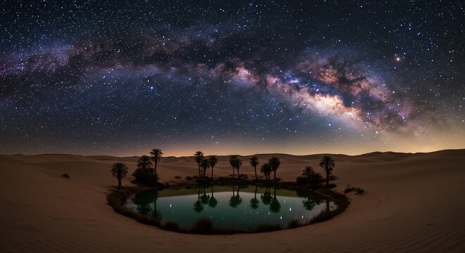 Desert Oasis Under the Milky Way: A surreal desert landscape features a tranquil oasis reflecting the awe-inspiring spectacle of the Milky Way galaxy stretching across the starlit night sky.