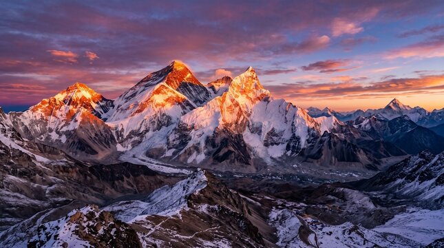 Breathtaking Sunset View of Mount Everest and the Himalayan Mountain Range in Nepal