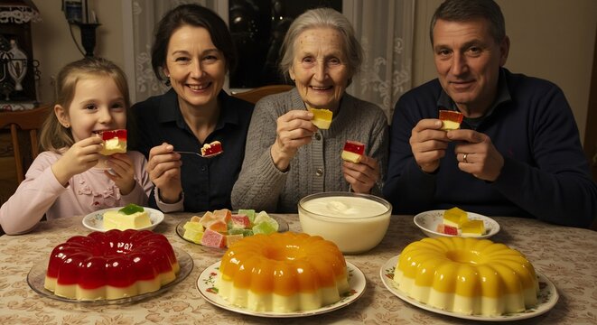 A Sweet Family Gathering: A multi-generational family shares a delightful spread of colorful jellies and puddings, creating cherished moments around the dining table.