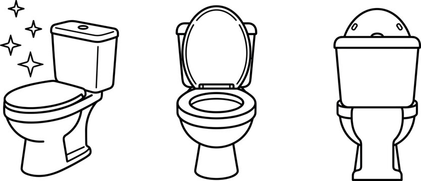 Ceramic toilet bowl icon set showing different angles with clean sparkle elements line art vector illustration for bathroom design