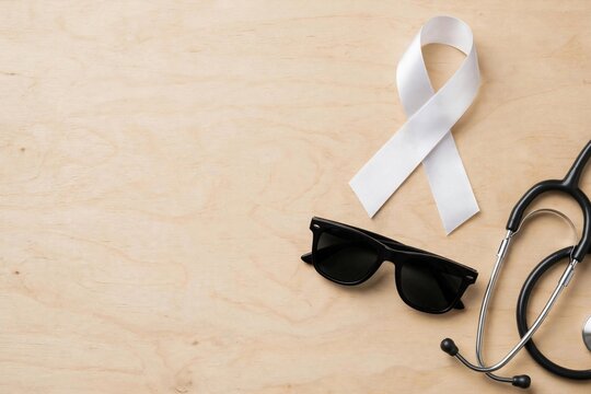 Stethoscope, sunglasses, and a ribbon on a wooden surface, highlighting awareness for visual impairment and eye health