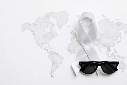 Sunglasses and a white ribbon on a world map, highlighting the importance of eye health and blindness awareness initiatives