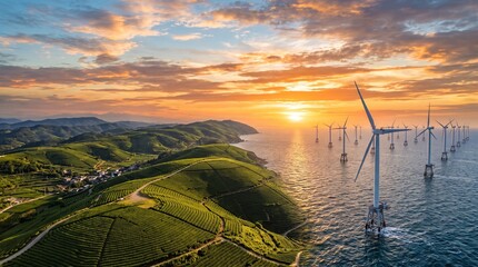 Aerial view of lush green tea plantations and offshore wind turbines at sunset, representing sustainable energy and agriculture. © Faruk