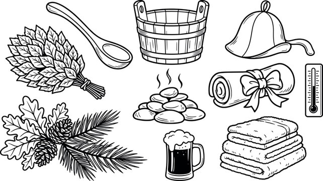 Traditional Russian banya sauna accessories set doodle vector illustration including birch broom bucket hat towels and hot stones