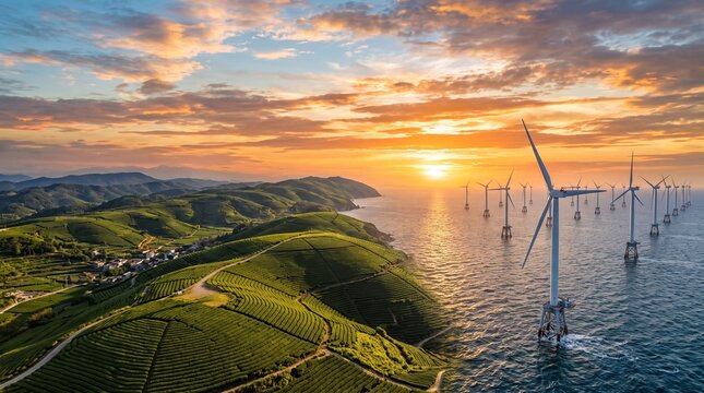 Aerial view of lush green tea plantations and offshore wind turbines at sunset, representing sustainable energy and agriculture.
