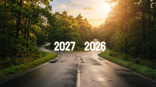 Yearly milestone road sign marking 2027 and 2026 transition with golden sunset glow