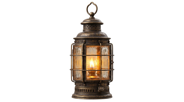 Vintage bronze lantern with glowing candle, antique metal lamp on white background, rustic decorative lighting for home decor
