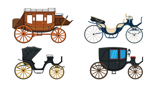 Vintage horse carriage vehicles collection. Vector historical royal coach, wooden stagecoach, open cabriolet, elegant retro transportation objects.