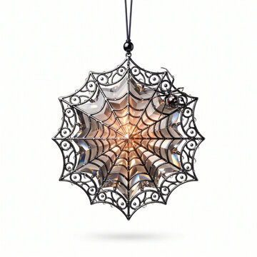 Gothic spiderweb crystal ornament hanging on black cord with spider isolated on white background